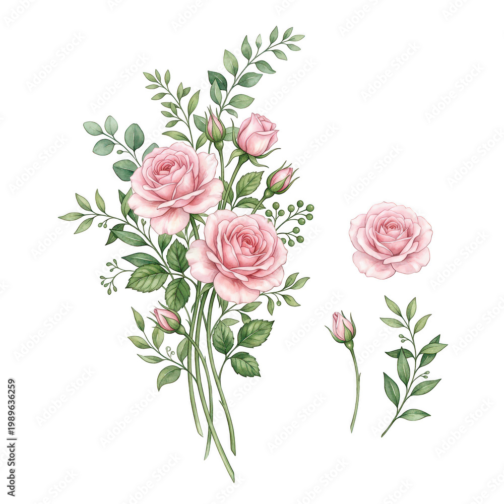 Fototapeta premium Hand painted watercolor pink roses bouquet isolated on transparent background