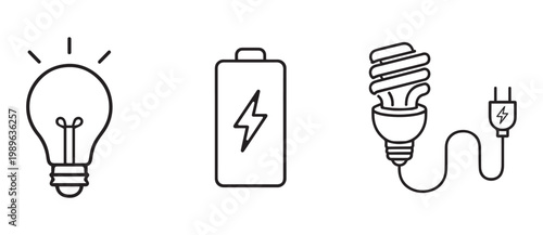 set of black outline icons related to electrical energy and sustainable power sources, concept for green technology development, renewable power infrastructure and industrial electricity management.