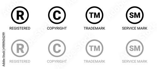 Outline Trademark symbols set illustrates registered, copyright, trademark, and service mark icons in solid and outline styles on a white background.