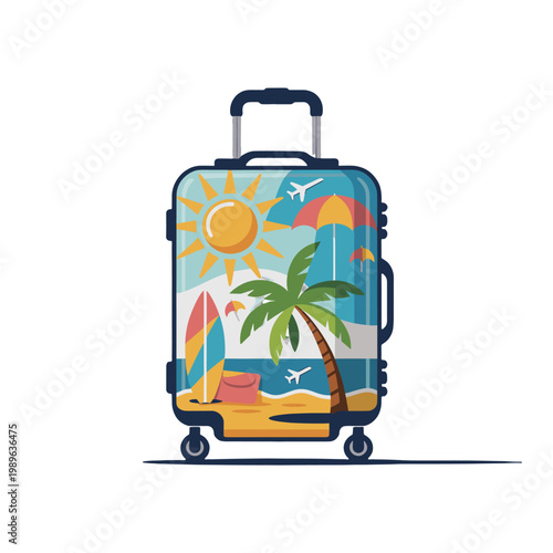 A vibrant suitcase, vividly portraying a tropical beach scene, is ready for an exciting journey.