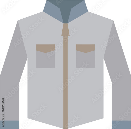 Flat long sleeve collared shirt with two chest pockets and buttoned cuffs in muted grey and tan colors