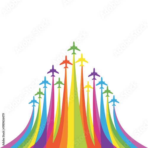Colorful airplanes forming rainbow trajectory concept