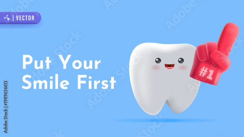 Cute Happy Tooth Character with Foam Finger Number One. Dental Motivation Illustration. Put Your Smile First