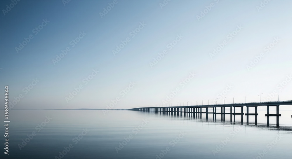 Fototapeta premium Minimalist Long Bridge over Calm Blue Water at Dawn