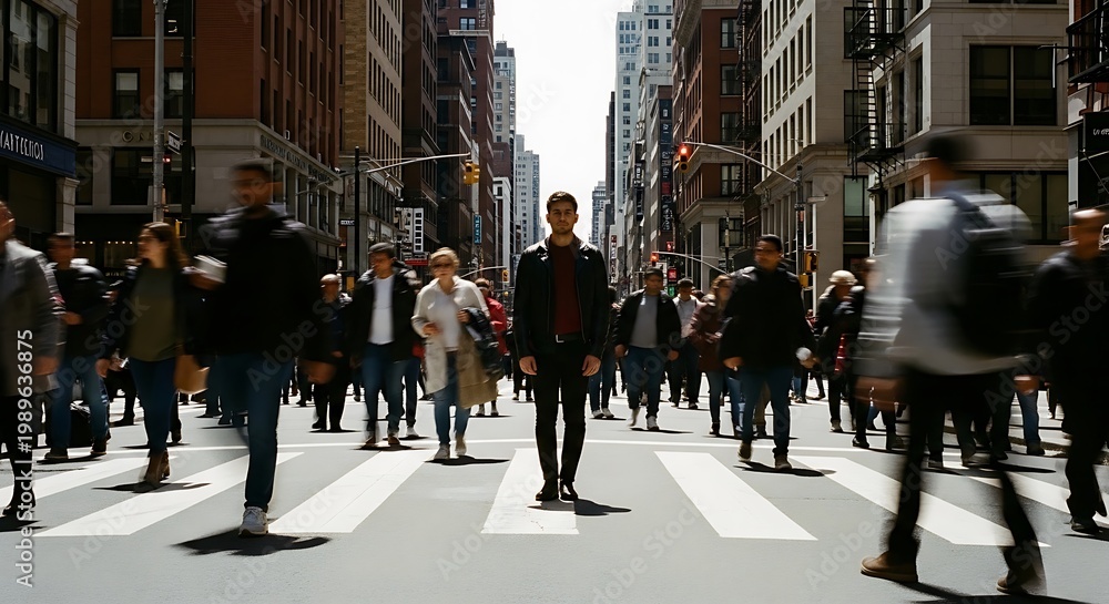 Fototapeta premium Focused man standing still in the middle of a busy city crosswalk traffic