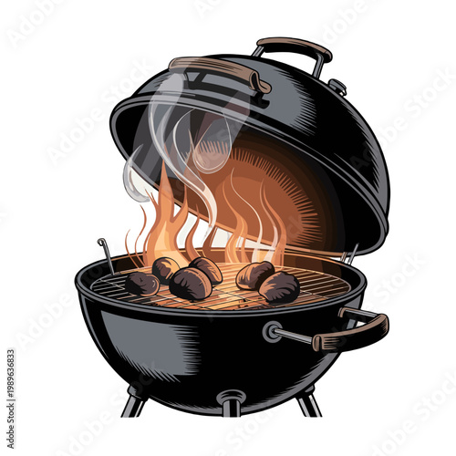 A barbecue grill in action, with the flames licking the food and smoke rising.