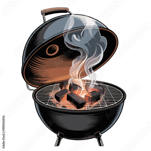 A smoking barbecue grill with glowing embers ready for cooking.