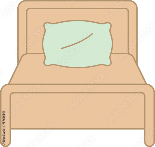 Simple Cartoon Bed With One Light Green Pillow And Brown Outline On White Background