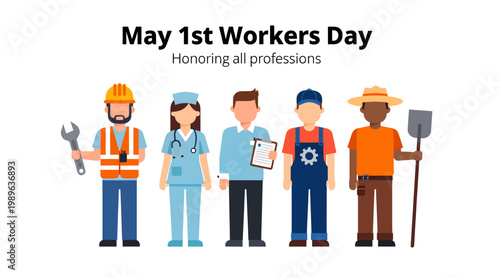 May 1st Workers Day vector illustration honoring all professions with diverse people representing different jobs