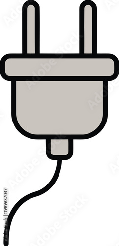Simple line of a gray electrical plug with two prongs and a black cord extending downwards on a white