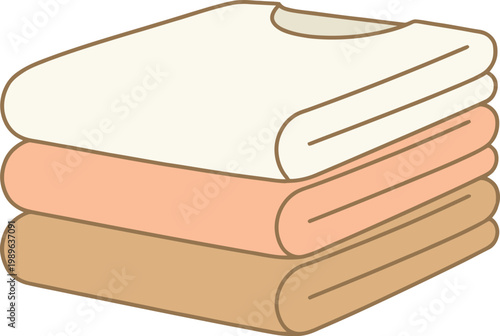 Stack of folded casual clothing including at-shirt and a sweater in soft pastel colors on a white
