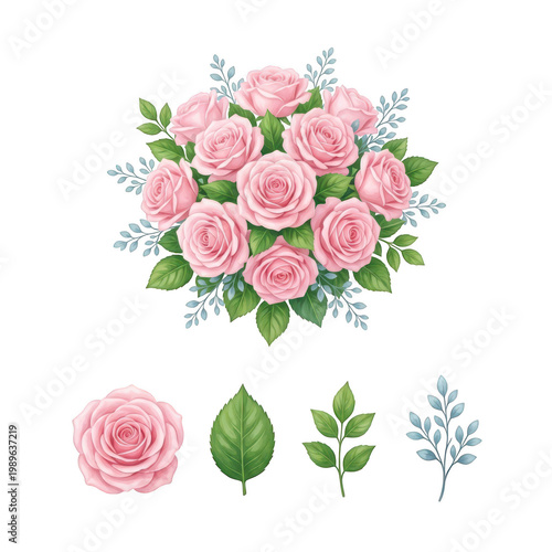Floral bouquet of pink roses with leaves isolated on transparent background