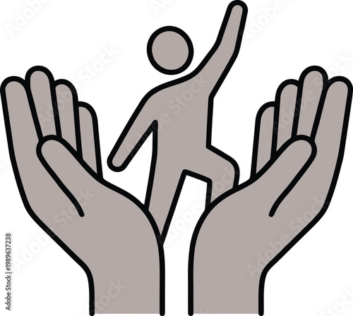 Two Large Light Gray Hands Cupping a Light Gray Humanoid Figure in a Dynamic Pose protection support