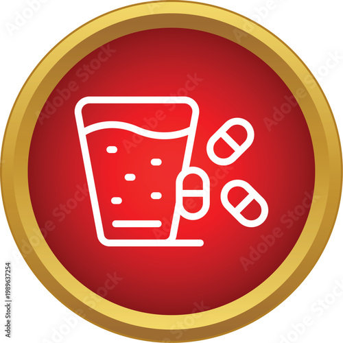 White outline icon showing glass of water with medical pills