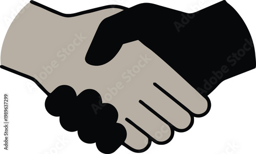 Two stylized hands in a firm handshake with one hand in black and the other in a light gray color agreement