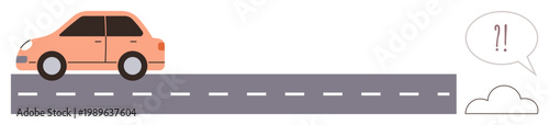 Driving safety, navigation, road signs, traffic rules, decision making, transportation. A car on a dotted road and a speech bubble with punctuation marks. Driving safety and navigation concept