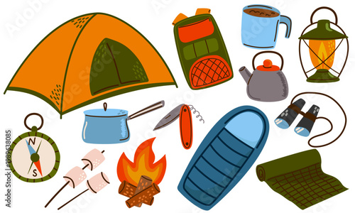 Camping gear set with tent and campfire. Hiking icons for travel stickers, outdoor adventure map, trip blog. Vector illustration