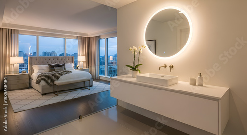 Modern master bathroom with illuminated round mirror above floating vanity cabinet next to bedroom in luxury apartment at twilight