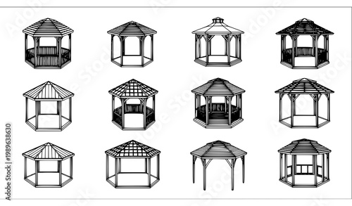 Gazebo blueprint line art vector set with architectural pavilion outline designs isolated on white background