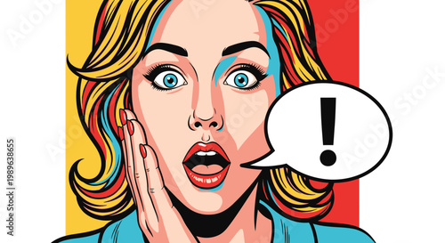Pop Art Surprised Woman with Exclamation Mark Speech Bubble