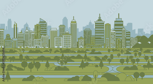 Green City Landscape with Buildings and Park Under Blue Sky