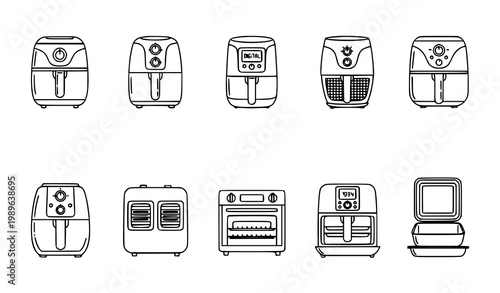 Air fryer line icon set with kitchen appliance outline vector illustration for cooking and food design isolated on white background