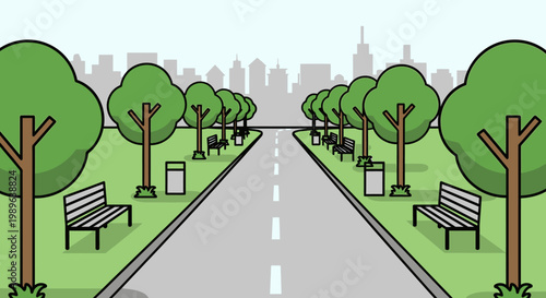 Peaceful Urban Park Road with Trees and Benches Leading to City