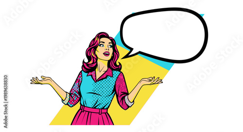 Surprised Pop Art Woman with Speech Bubble Explaining or Presenting