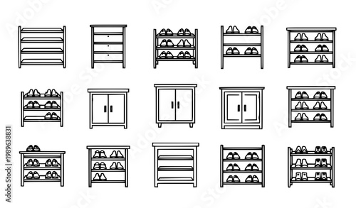 Shoe rack line art vector icon set with detailed footwear storage furniture outline designs for interior illustration