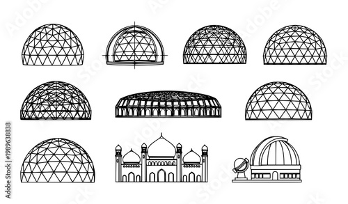 Dome structure line art vector icon set with detailed architectural blueprint designs for engineering illustration isolated on white