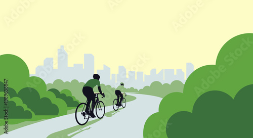 Two People Cycling in a Green Park Road with City Skyline Background