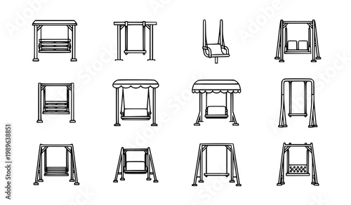 Minimal garden swing line art illustration set with outdoor hanging seat icons for backyard and park design