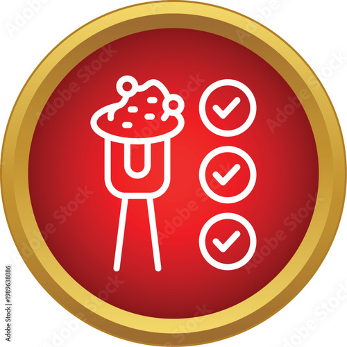 Popcorn machine with three completed checkmarks inside a red and gold button