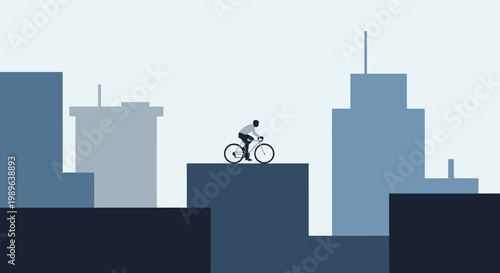 Man Riding Bicycle in Urban Cityscape Silhouette at Sunset