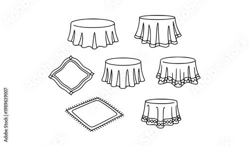 Minimal tablecloth line art illustration set with fabric cover outline icons for dining and home lifestyle design