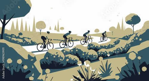 Silhouettes of People Cycling on a Winding Road through a Green Hilly Landscape