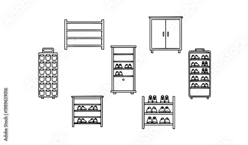 Minimal shoe rack line art illustration set with footwear storage icons for home and interior design isolated on white