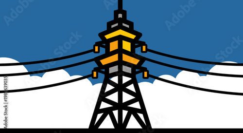 Colorful illustration of an electricity pylon with power lines against a bright blue sky with clouds, representing energy transmission and infrastructure.