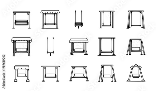 Garden swing line icon set with outdoor furniture outline vector illustration isolated on white background