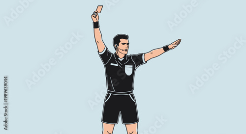Full-body illustration of a soccer referee holding up a red card and making a hand gesture on a simple light blue background, representing a penalty concept.