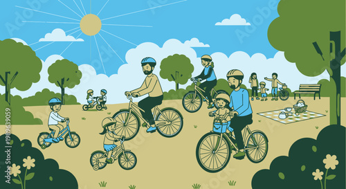 Happy families and children enjoying a sunny day cycling and picnicking in a lush green park with trees and open spaces, promoting outdoor fun.