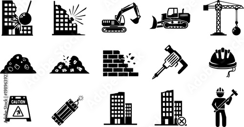 Demolition icon collection. Vector design pack vector silhouette illustration isolated on white background