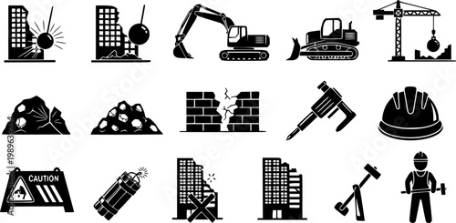 Demolition icon collection. Vector design pack vector silhouette illustration isolated on white background