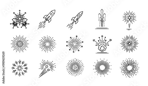 New Year fireworks line art vector icon set with detailed celebration explosion outline designs for festive illustration isolated on white
