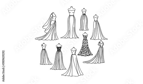 Minimal wedding dress line art illustration set with elegant bridal gown icons for fashion and marriage design isolated on white