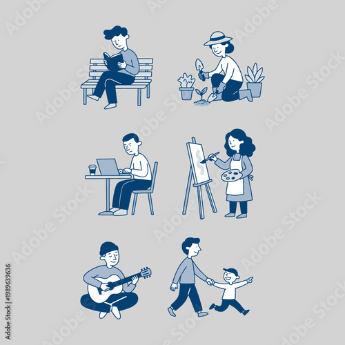 Set of people engaged in various hobbies and daily activities