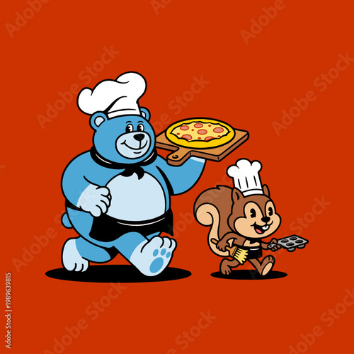 Cartoon bear and squirrel chefs carrying pizza and baking equipment
