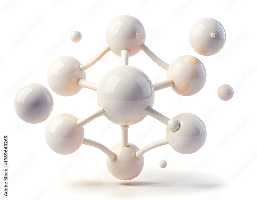 Obraz premium Abstract 3D illustration of a molecular structure with glossy, smooth, rounded shapes resembling clay, set against a clean white background