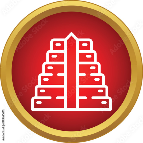 Ziggurat icon on a red and gold button representing an ancient stepped temple