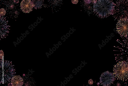 Colorful, simulated explosions frame a black background. Perfect for celebration themes